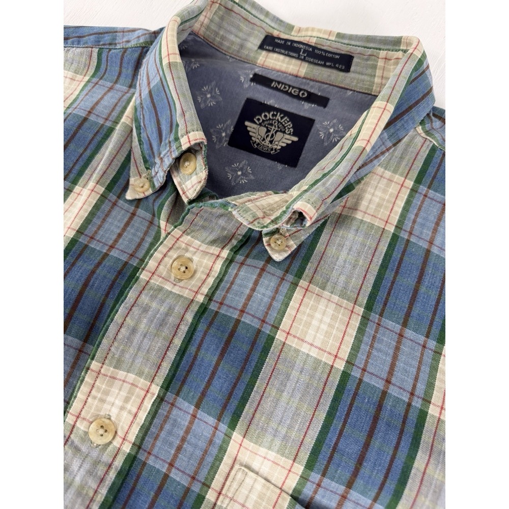vintage dockers Chambray Plaid Blue‎ Green Coastal Cabin Shirt Men's L